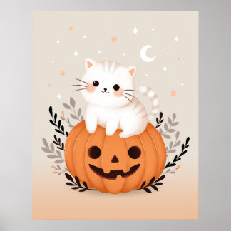 Affiche Joli Chaton Assis Sur Citrouille Halloween Moderne