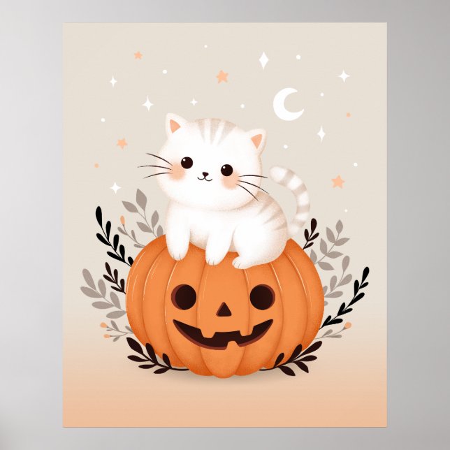 Affiche Joli Chaton Assis Sur Citrouille Halloween Moderne (Devant)