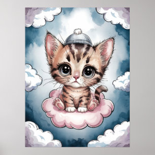 Affiche Joli Chaton sur un Nuage - Aquarelle Adorable