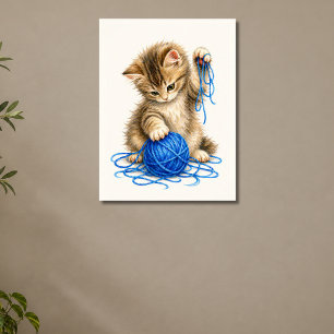 Affiche Joli chaton tabby jouant avec du fil bleu