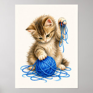 Affiche Joli chaton tabby jouant avec du fil bleu