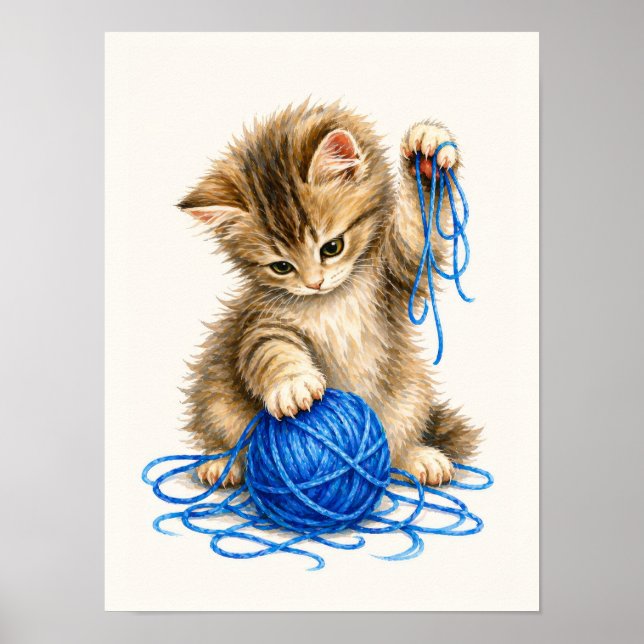 Affiche Joli chaton tabby jouant avec du fil bleu (Devant)