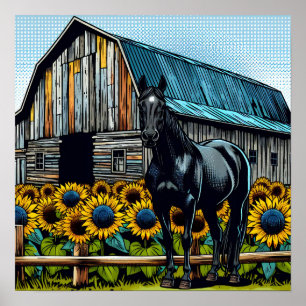 Affiche Joli cheval noir et grange rustique avec tournesol