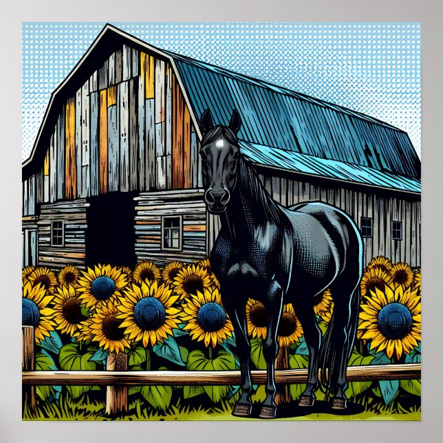 Affiche Joli cheval noir et grange rustique avec tournesol (Devant)