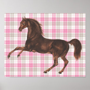 Affiche Joli Cheval Vintage illustré sur l'art rose plaid