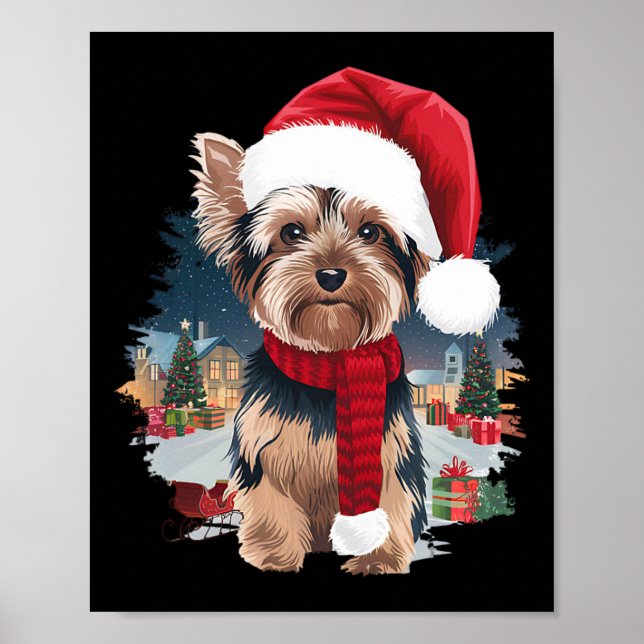 Affiche Joli Chien Yorkie Noël Père Noël Chapeau Écharpe H (Devant)