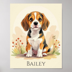 Affiche Joli chiot Beagle tricolore noir, fauve et blanc