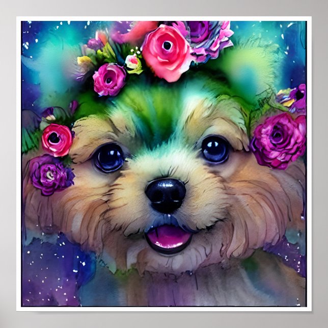 Affiche Joli chiot blanc avec des fleurs dans la tête  (Devant)