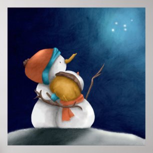 Affiche Joli Couple de Bonhomme de Neige Fantaisiste Hiver