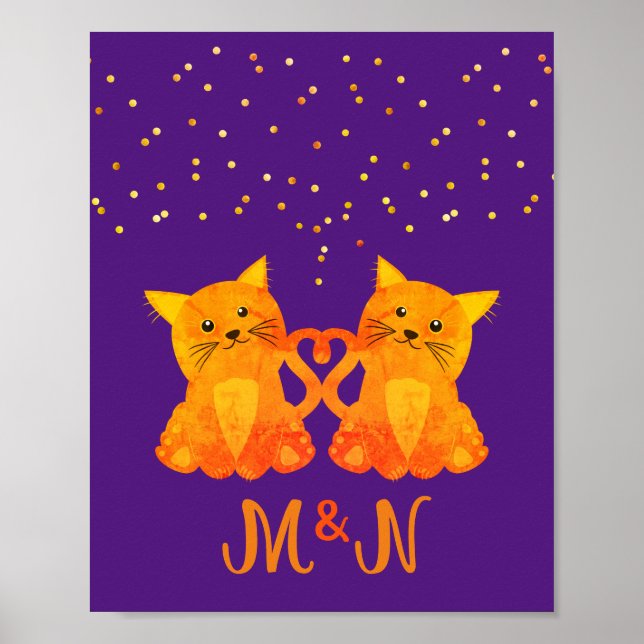 Affiche Joli Couple de Chatons Orange Violet Monogramme  (Devant)