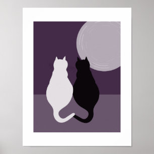 Affiche Joli couple de chats noir et blanc Nuit bleu-viole