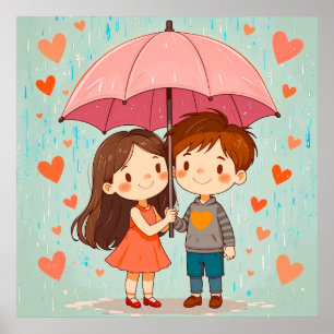 Affiche Joli Couple de Dessins Animés Souriant Sous un Par