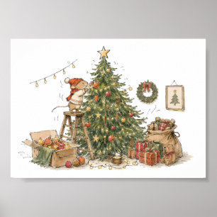 Affiche Joli décor de souris décorant un arbre de Noël pou
