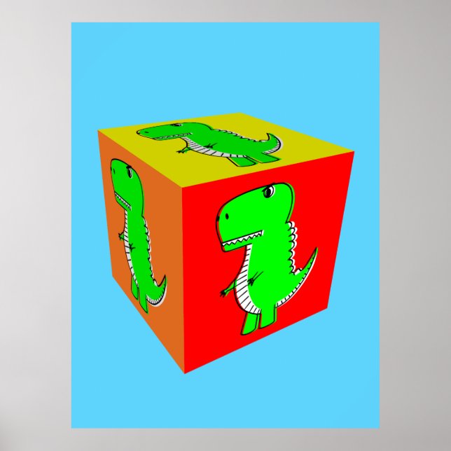 Affiche Joli dino de dessin animé en cube (Devant)