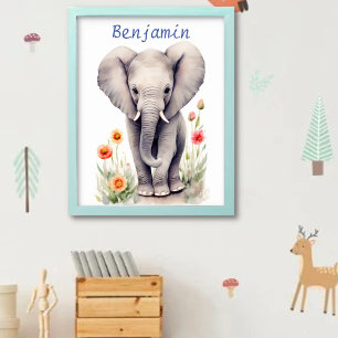Affiche Joli éléphant bébé pastel aquarelle fleur de print