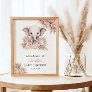 Affiche Joli Elephant rose Boho Girl Baby shower Bienvenue