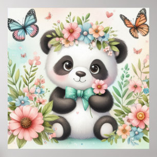 Affiche Joli et drôle d'ours panda parmi les fleurs aquare