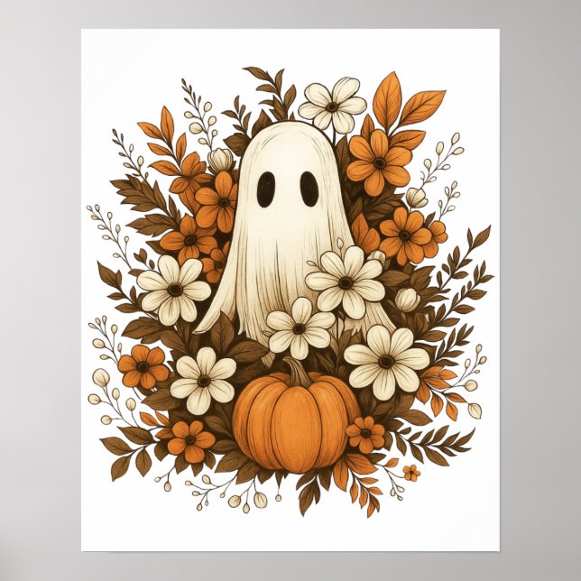 Affiche Joli Fantôme avec Citrouille et Fleurs d'Automne – (Devant)