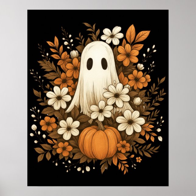 Affiche Joli Fantôme avec Citrouille et Fleurs d'Automne – (Devant)