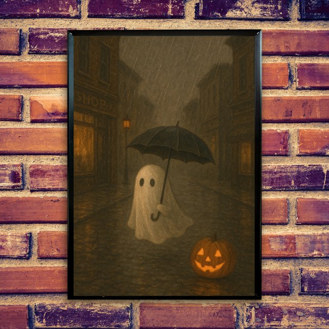 Affiche Joli Fantôme avec Parapluie | Sombre Académie d'Ha (Cute ghost in the rain, spooky halloween scene, umbrella, dark academis design, jack o lantern.)