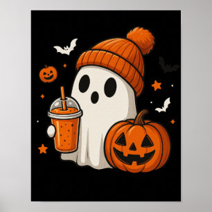 Affiche Joli fantôme d'Halloween avec citrouille et boisso