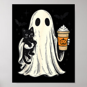 Affiche Joli fantôme d'Halloween tenant un chat noir Café
