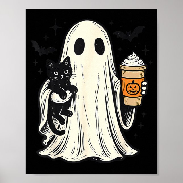 Affiche Joli fantôme d'Halloween tenant un chat noir Café  (Devant)