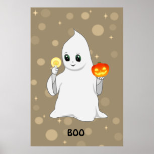 Affiche Joli fantôme et citrouille d'Halloween sur fond be