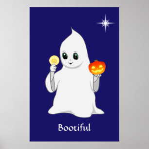 Affiche Joli fantôme et citrouille d'Halloween sur fond bl