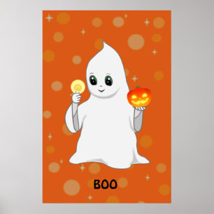 Affiche Joli fantôme et citrouille d'Halloween sur fond or