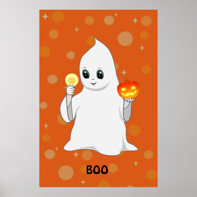 Affiche Joli fantôme et citrouille d'Halloween sur fond or (Devant)