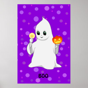 Affiche Joli fantôme et citrouille d'Halloween sur fond vi