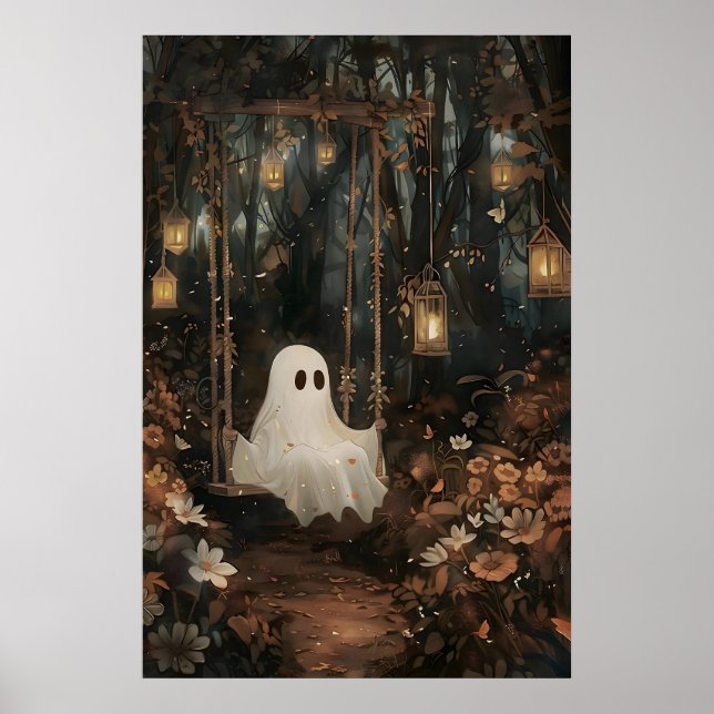Affiche Joli fantôme sur une balançoire dans une impressio (Devant)