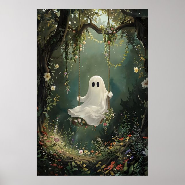 Affiche Joli fantôme sur une balançoire dans une impressio (Devant)