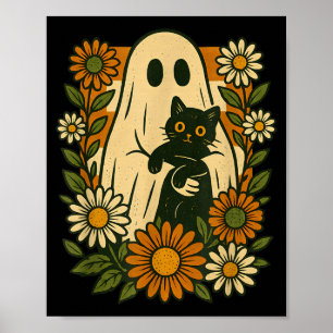 Affiche Joli fantôme tenant un chat noir floral groovy drô