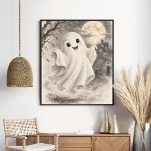 Affiche Joli fantôme vintage d'Halloween sous la pleine lu