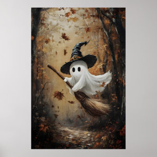 Affiche Joli fantôme volant sur un balai de sorcière en au