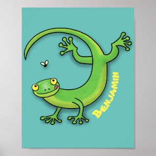 Affiche Joli gecko vert salutations avec dessin animé