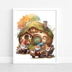Affiche Joli Gnome, Champignon, Et Maison Heureuse