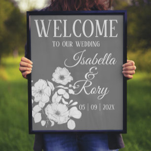 Affiche Joli gris et blanc Mariage Floral Bienvenue