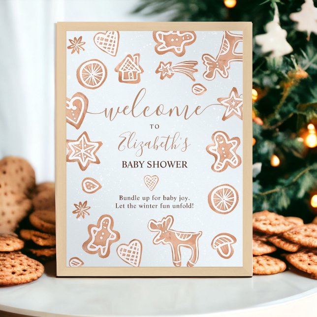 Affiche Joli hiver Noël bienvenue baby shower biscuit (Cute winter Christmas welcome cookie baby shower Poster)