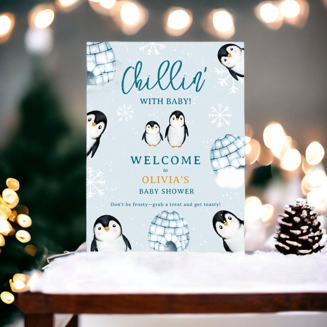 Affiche Joli igloos de pingouin d'hiver accueil baby showe (Cute winter penguin igloos welcome baby shower poster)