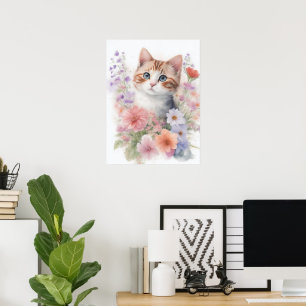 Affiche Joli Kitten à l'aquarelle avec des fleurs