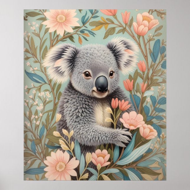 Affiche Joli Koala Élégant Floral Pastel (Devant)