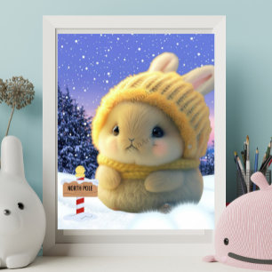 Affiche Joli lapin avec casquette tricot jaune et écharpe
