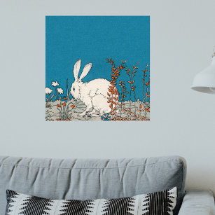 Affiche Joli lapin blanc assis en Fleurs sur bleu