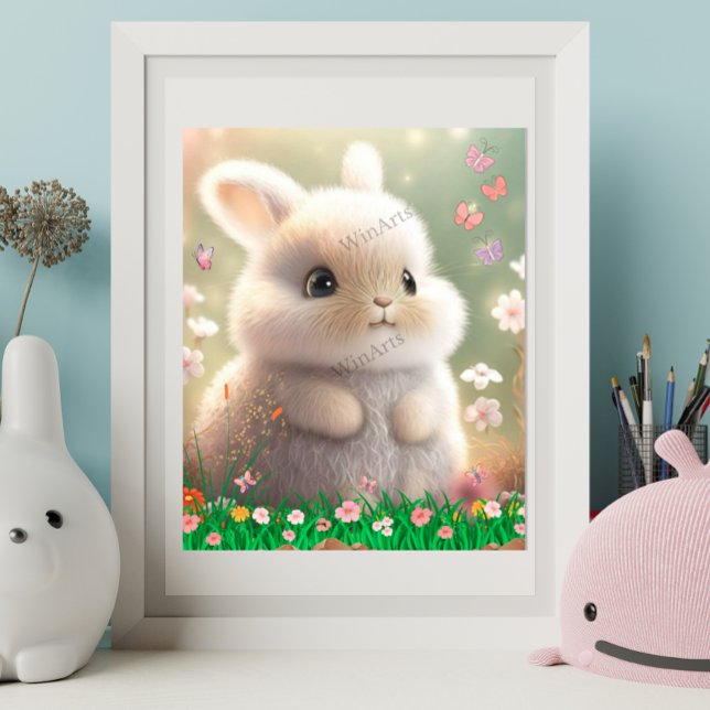 Affiche Joli Lapin Blanc dans le Jardin de Fleurs Art Nurs (Créateur téléchargé)