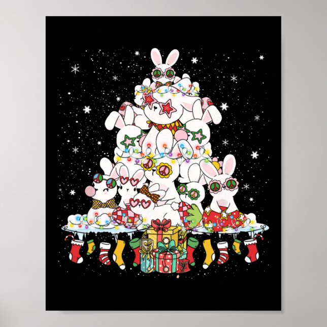 Affiche Joli lapin de Noël Arbre lapins blancs entouré (Devant)