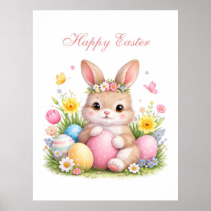 Affiche Joli lapin de Pâques aux pivoines rose pâle