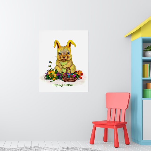Affiche Joli lapin de Pâques avec oeufs et fleurs (Pépinière 1)